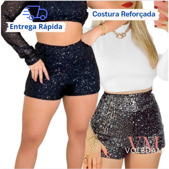 Short Feminino Paetê Brilho Curto Moda Balada Luxo Festa Promoção