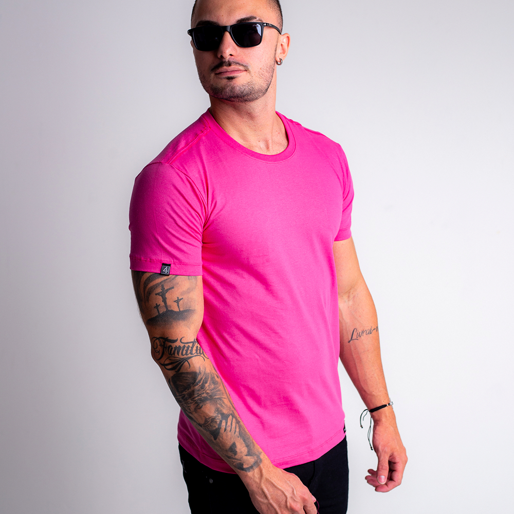 Camiseta Camisa Básica Masculina Slim Rosa Lisa 100% Algodão Fio 30.1  Premium Malha Penteada