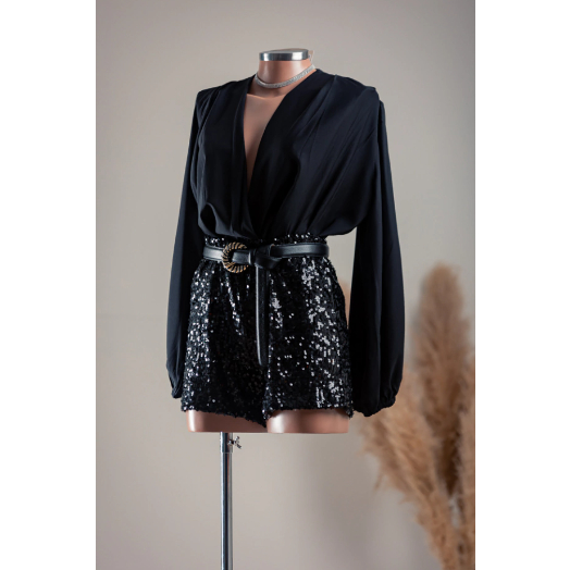 Tempo Black Sequin Long Sleeve Belted Romper