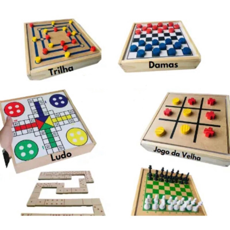 Brinquedo Educativo Jogo 5 em 1 Dama Trilha Ludo Velha Xedrez caixa madeira  - Brinquedos E Jogos Pedagógicos e Educativos