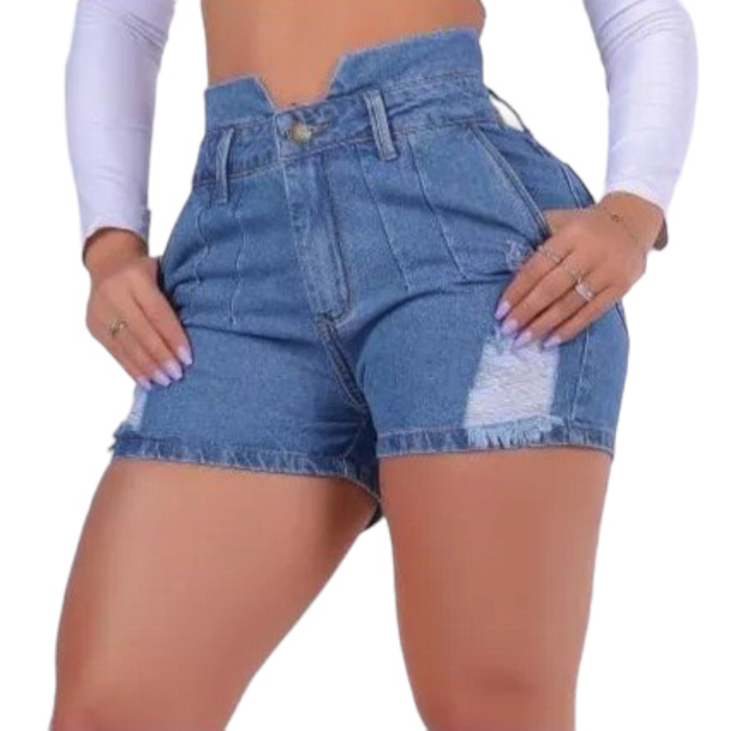 short plus size clochard jeans cintura super alta com faixa azul