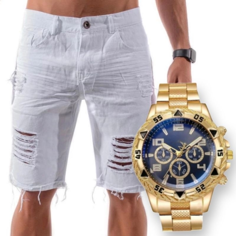 bermuda jeans masculina rasgada branca ano novo rel gio masculino original dourado e prata