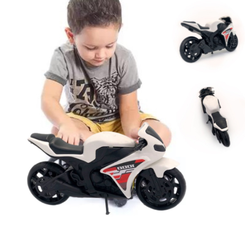 Moto De Brinquedo Branca Pequena Rodas Esportivas Com Apoio na