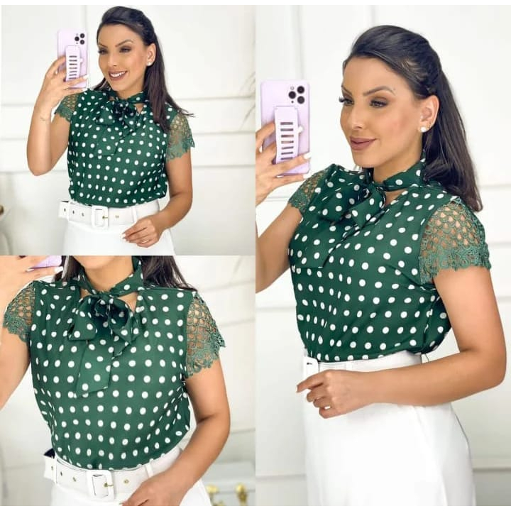 Blusa de Crepe Verde Poá com laço Manga Curta Moda Feminina Evangélica