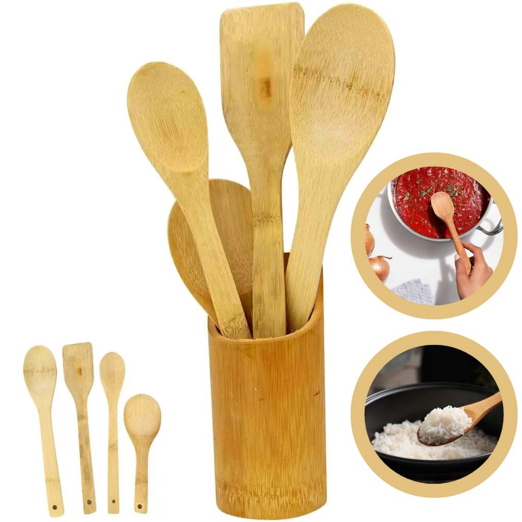 Kit Colher De Pau Bambu Madeira Com Suporte Utensílios Culinário De Cozinha  Colheres Com 5pçs | Shopee Brasil