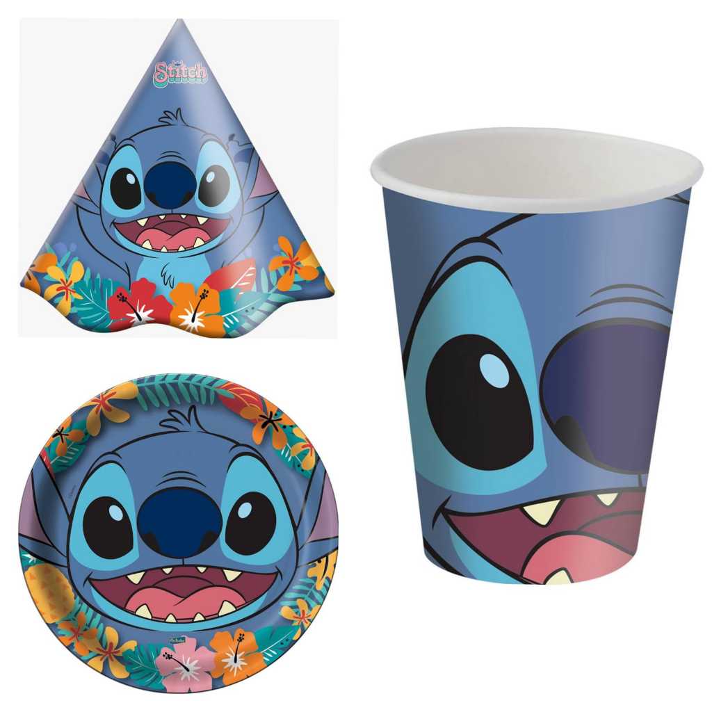 Festa Stitch: 16 Copos, 10 ou 16 Pratos, 16 Chapéus ou 20 Guardanapo. KITS  VENDIDOS SEPARADAMENTE. Aniversário Infantil