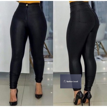 Calças leggings femininas couro sintético transparente cintura