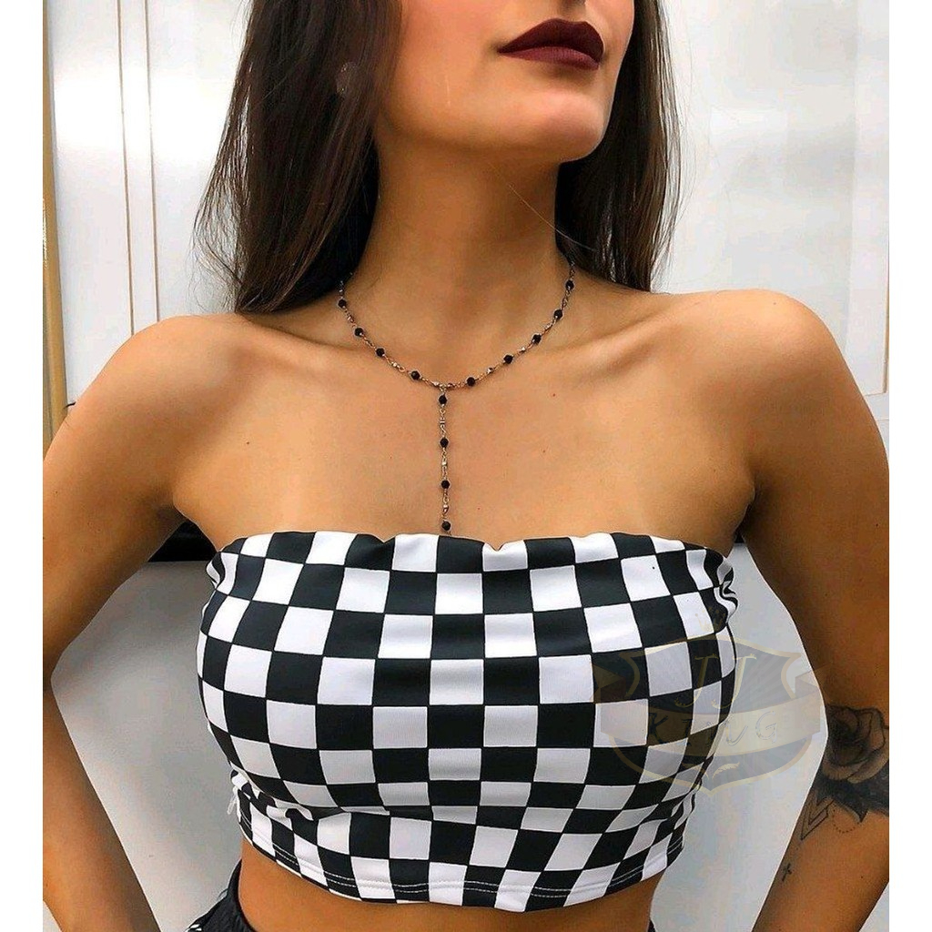 cropped xadrez com bojo feminino moda blogueira 2023
