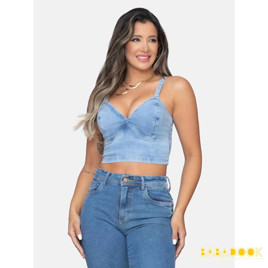 Blusa Jeans Cropped Marmorizada com Cut Out