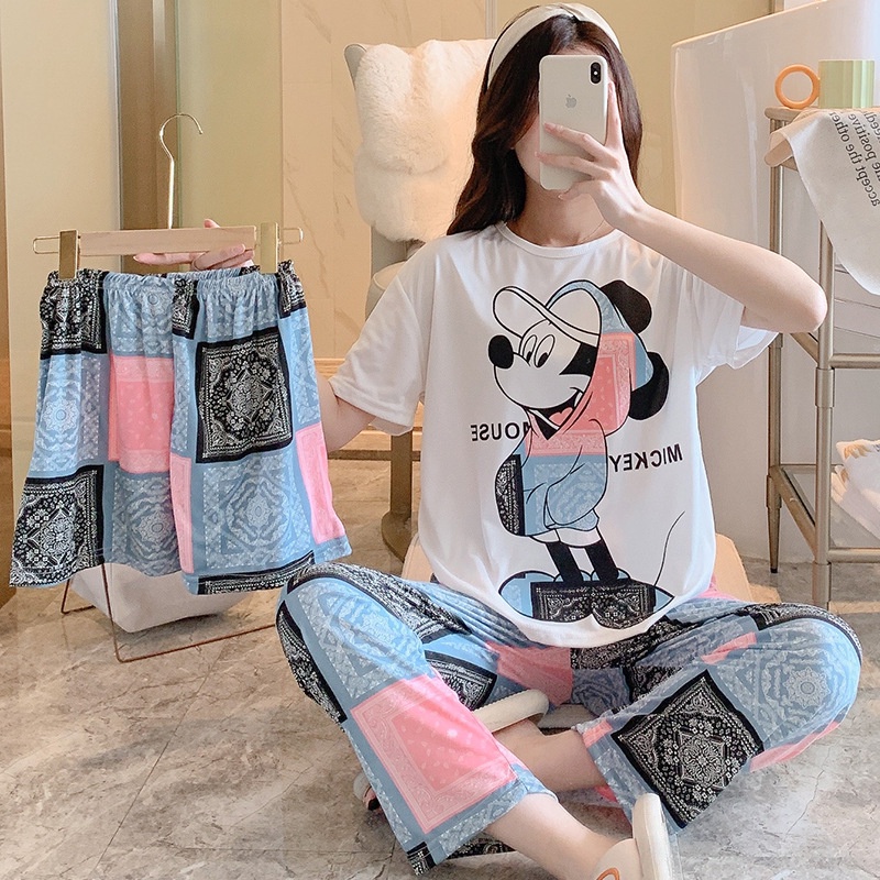 Conjuntos de pijama feminino manga comprida estampa desenho kawaii letras  gola redonda roupas de casa para estudantes estilo chinês