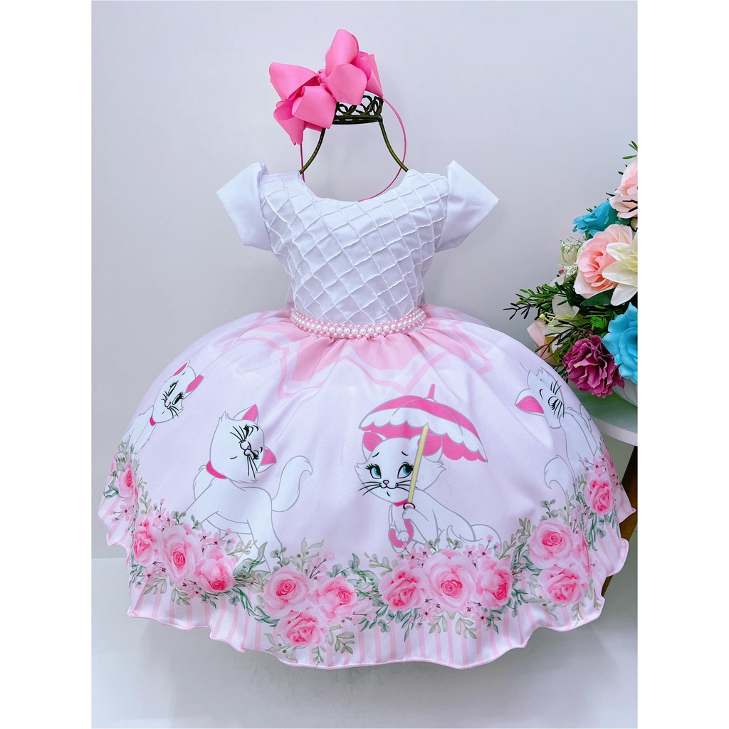 Vestido Gatinha Marie Infantil Festa Rosa Arco-Iris Fantasia Bebe Menina  Cinto de Perolas Tamanho 01 o 03 | Shopee Brasil