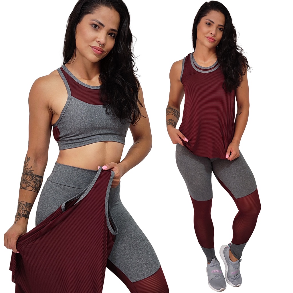 Kit Camiseta Academia Feminina Blusa Fitness Calça Legging Cós