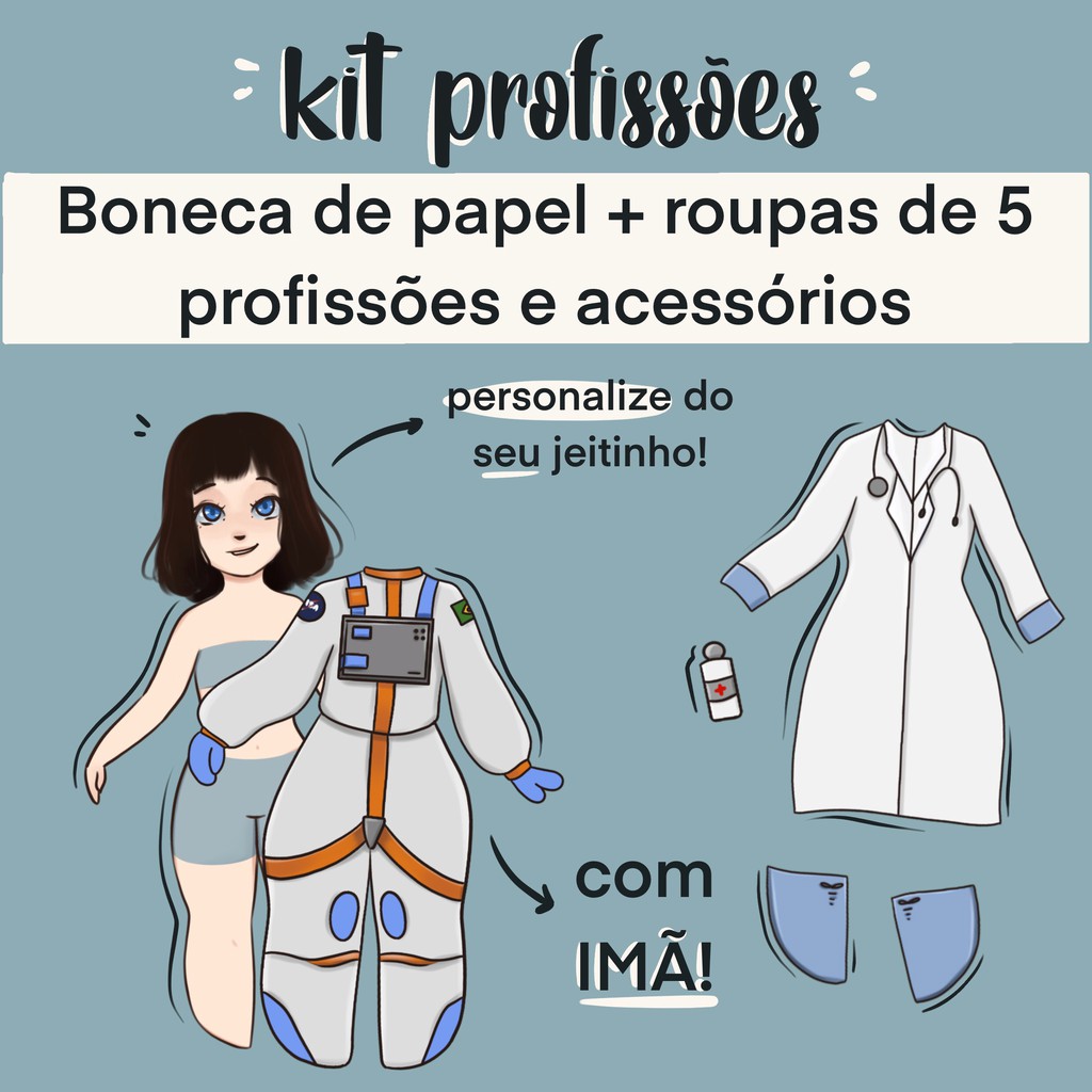 BONECA de PAPEL PERSONALIZADA com IMÃ kit PROFISSÕES