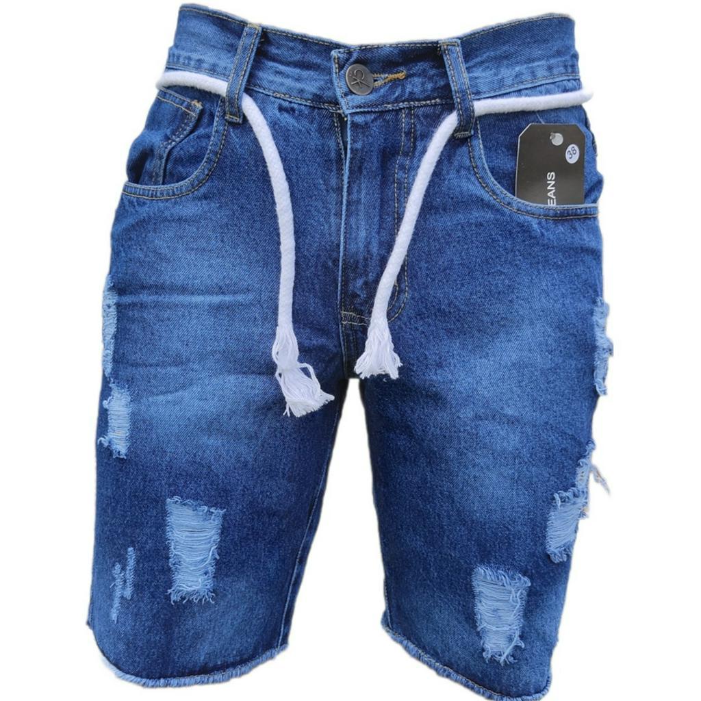 Bermudas Jeans Escuro Rasgado Com Cordão Slim Destroyed Masculina | Shopee  Brasil