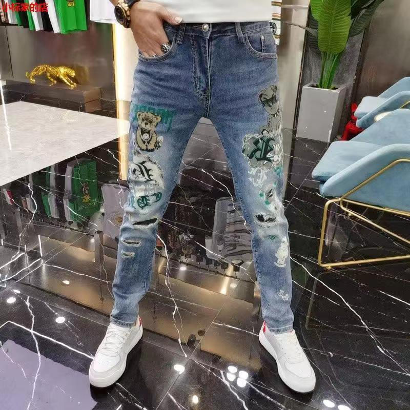 Calça Jeans Masculina Slim Moda verão Jovens Homens Bordada