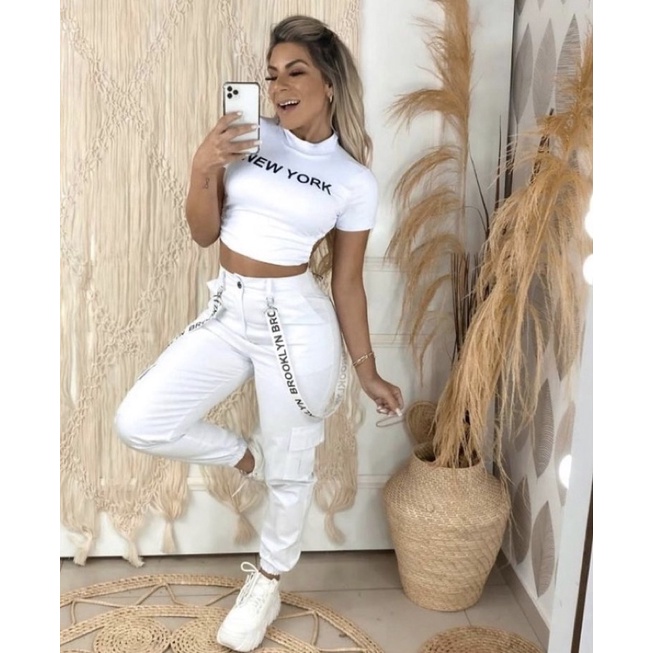 Calça Jogger em Sarja com Bolsos cargo Branco