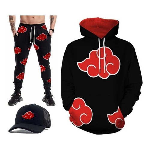 Kit Blusa E Calça Moletom + Boné Anime Mangá Naruto Desenho