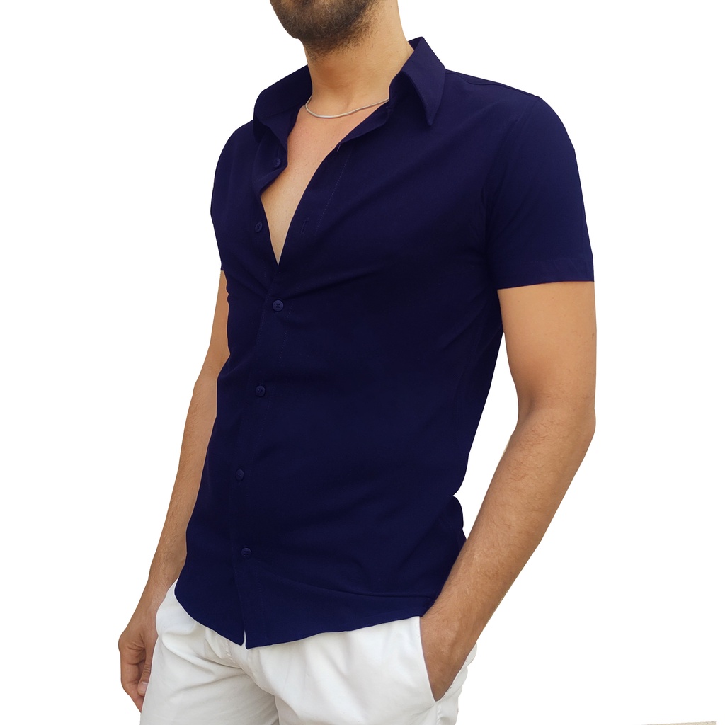 Camisa Social Lisa Azul Marinho Comfort