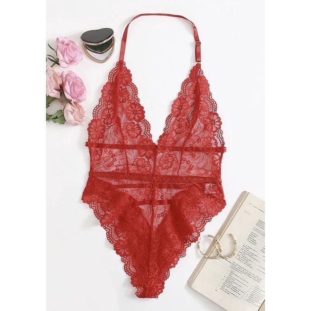 lingerie body de renda vermelho sexy