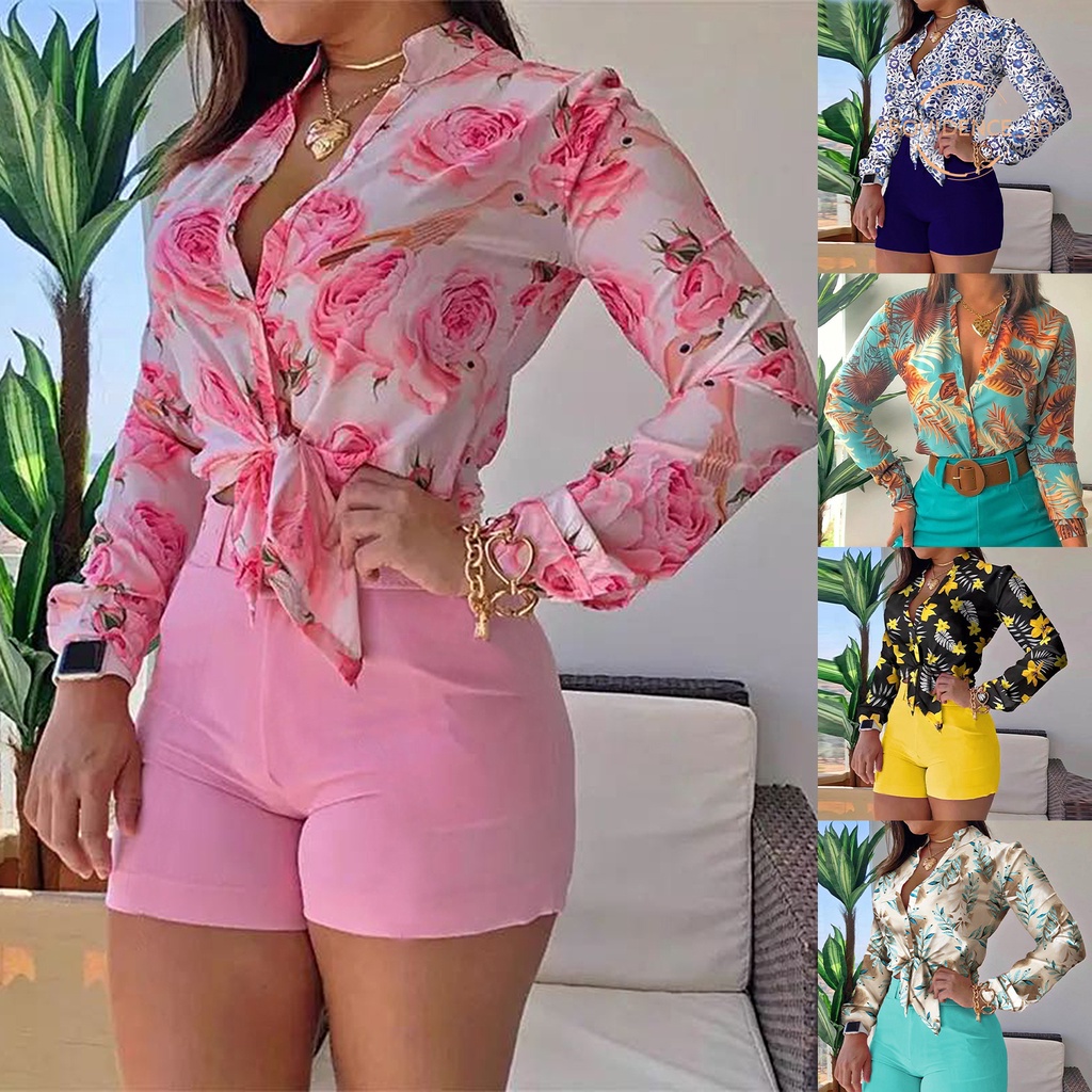 Camisa Social Feminina Com Gola Única Estampa Floral Com Manga Comprida E  Botões Para Primavera / Verão