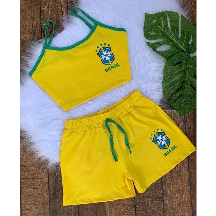 Conjunto Feminino Cropped + Short do Brasil Copa