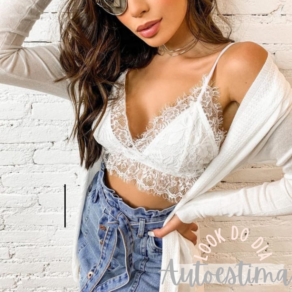 Cropped Top de Renda Chantilly Alça Regulável