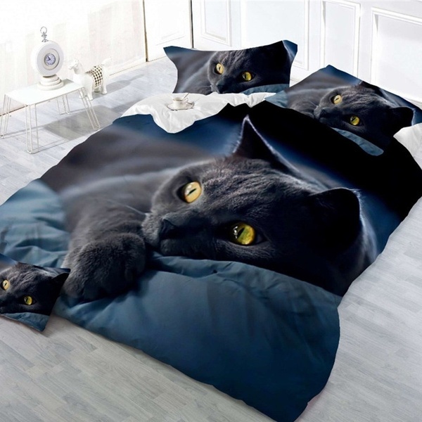 Jogo de cama de casal com capa de edredom de gato preto com fecho de zíper  (capa de edredom 172,7 x 228,6 cm e 2 fronhas 50,8 x 66 cm), jogo de