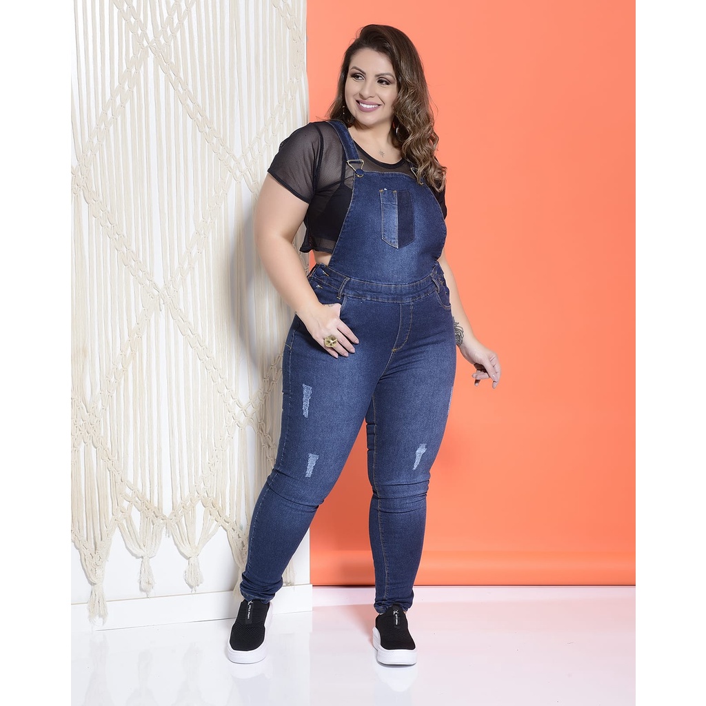 Jardineira Plus Size Feminina Jeans Macacão Lycra tendência 44 Ao