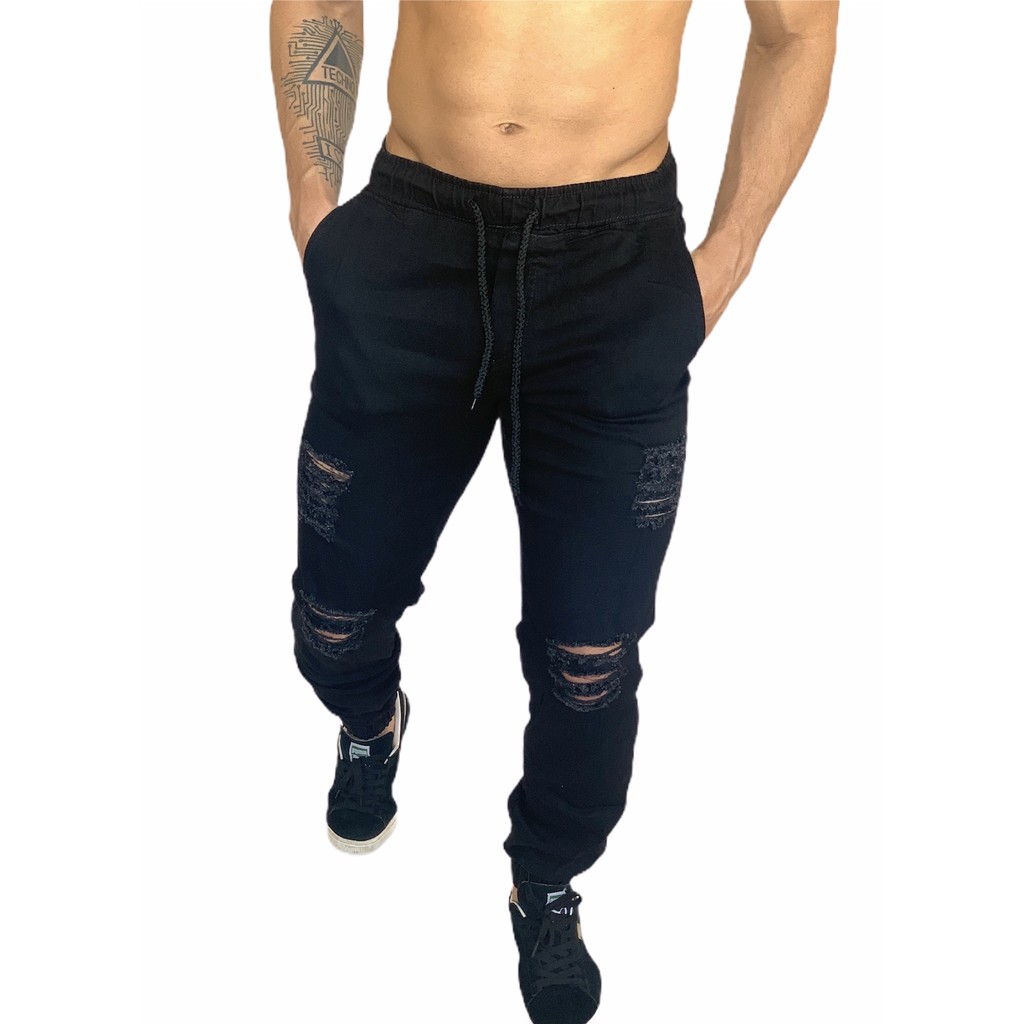 Calça Jogger em Jeans Destroyed Preto