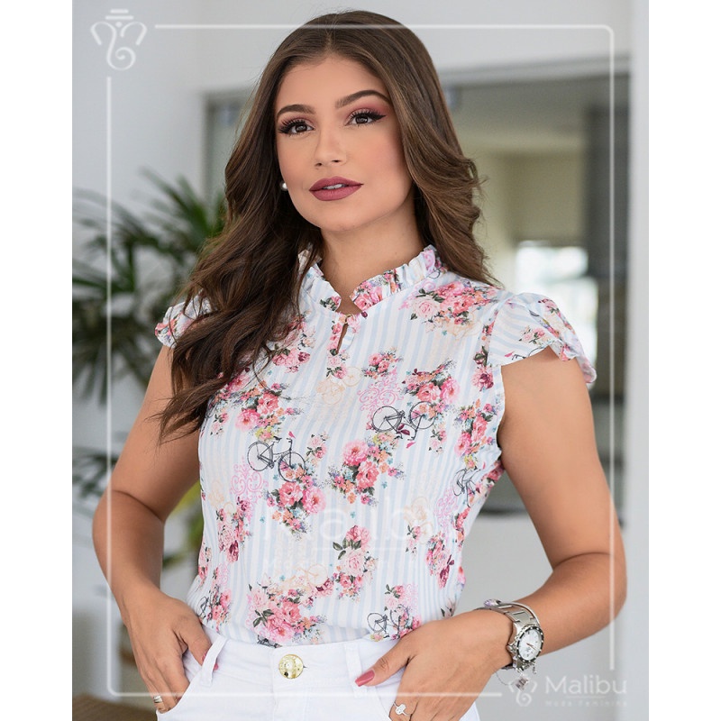 Blusinha Social Estampada Manga Curta - Moda Evangélica e Executiva