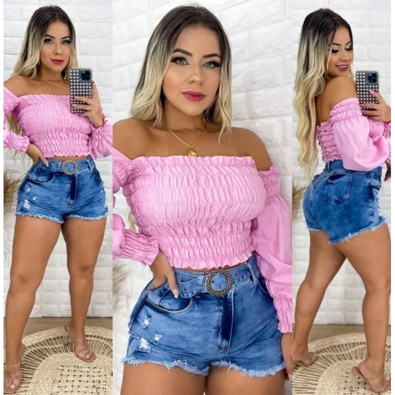 Conjunto Feminino Cropped Ciganinha Short Roupas Femininas em Promoção na  Americanas