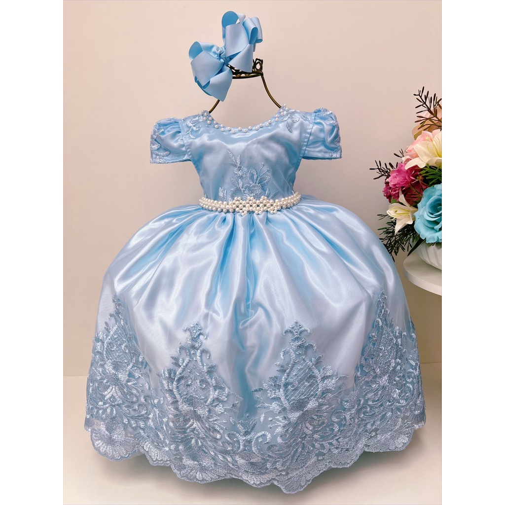 Vestido Infantil Longo Azul Bebê Strass Luxo Manga Princesa