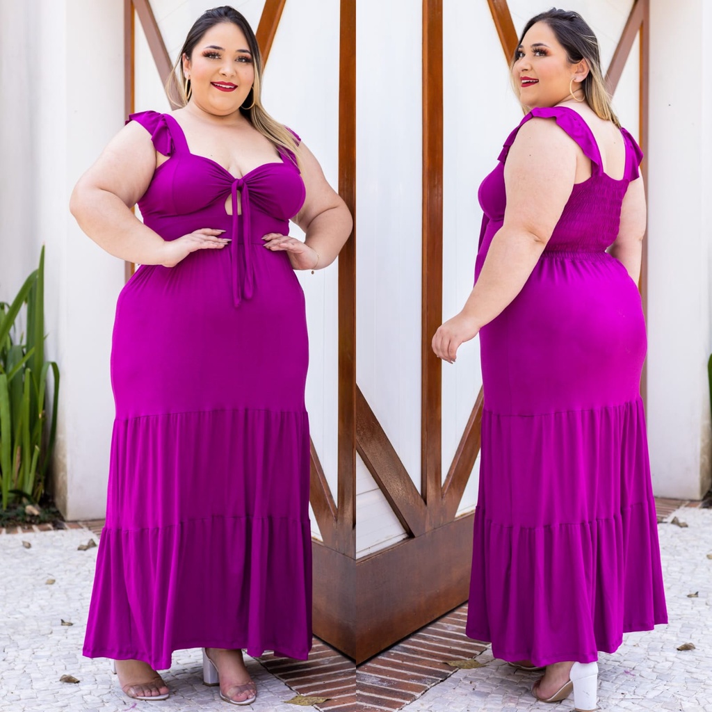 Vestido plus size longo com lastex e amarração frontal