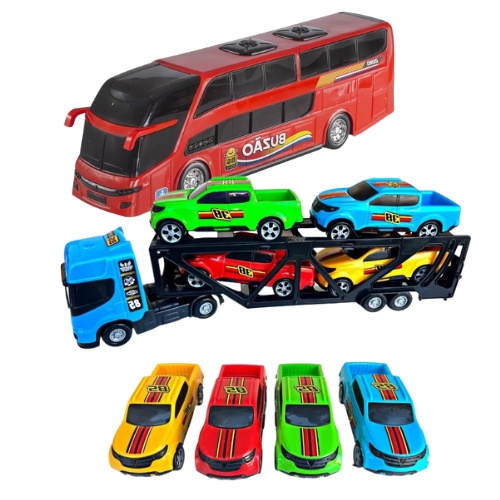 Kit 1 Caminhão Cegonheira C/ 2 Carrinhos Caminhão Reboque Cegonha C/  Carrinho + 1 Onibus Buzão Brinquedo Infantil - Escorrega o Preço