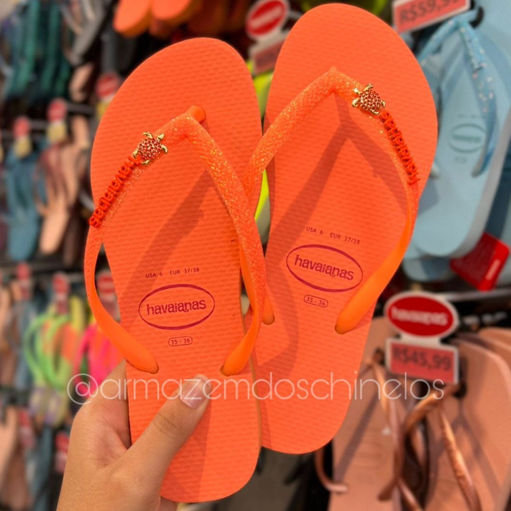 Chinelo Havaianas Slim Neon Coral Pingente Tartaruga Shopee Brasil