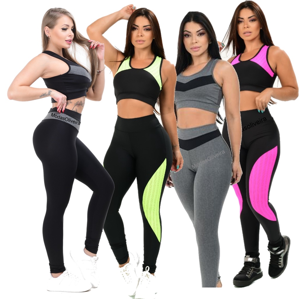 Kit 2 conjuntos Top e Calça Legging com Tela Academia Fitness