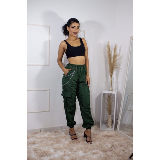 Calça Jogger Feminina Bengaline Com Suspensório Moda Gringa Blogueira