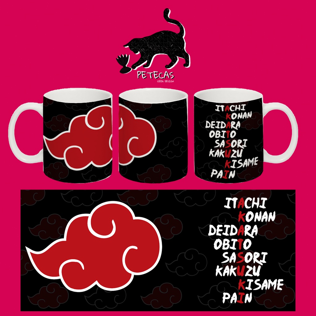 Caneca Akatsuki Com Nomes E Nuvem Vermelha Naruto