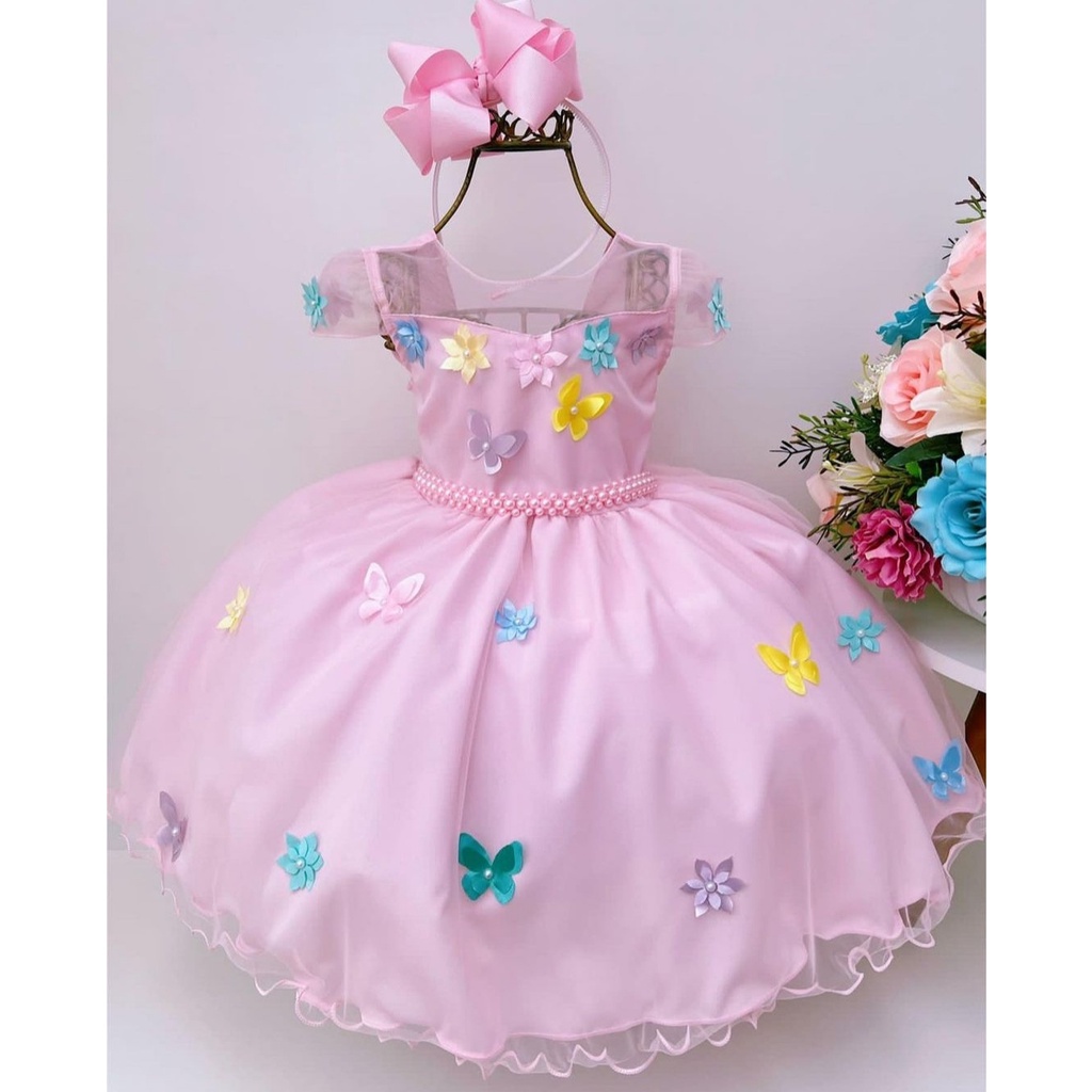 Vestido infantil Princesa Jardim Encantado Rosa c/ borboleta