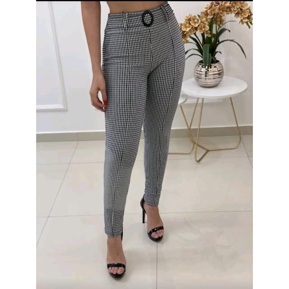 Calça Xadrez Feminina Skinny luxo Risco Cintura Alta Tendência