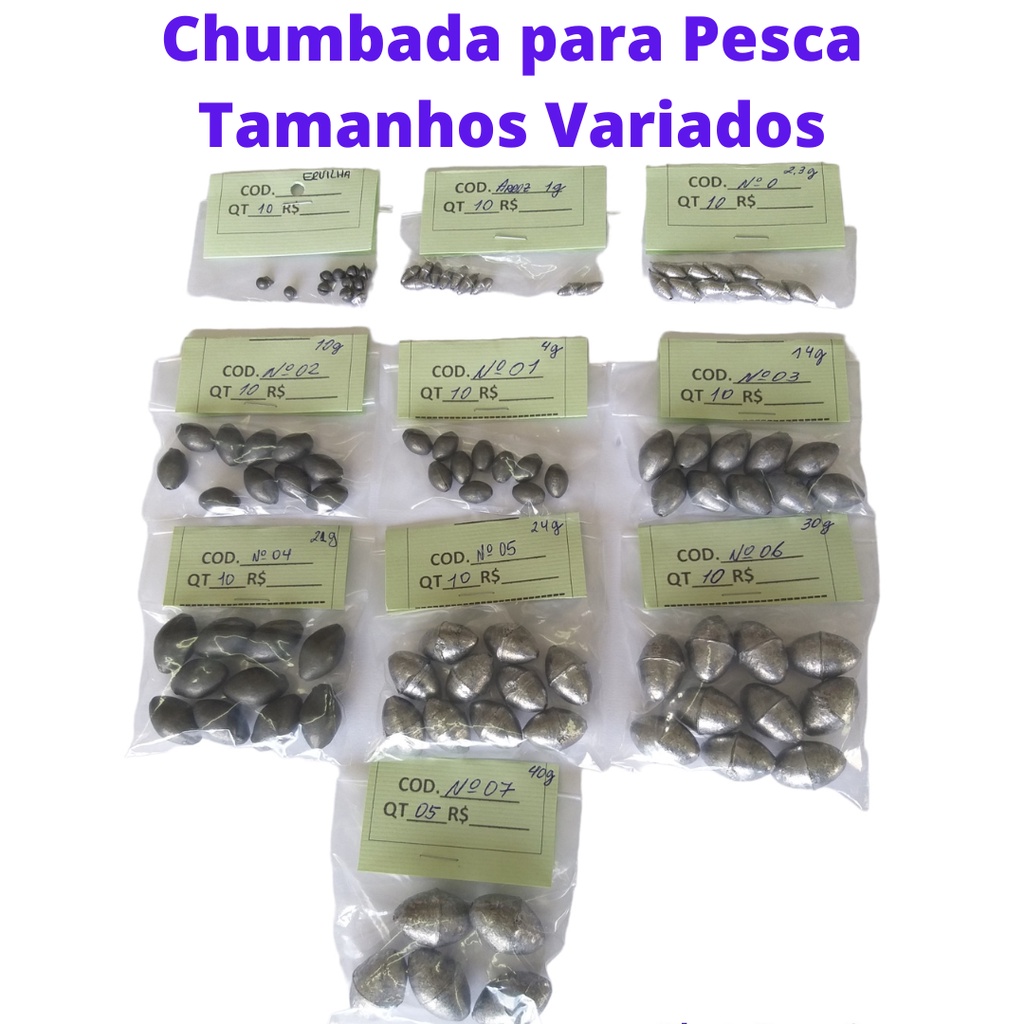 Chumbada Oliva para Pesca Tamanhos Variados Ervilha Arroz Nº 0 Nº 1 Nº 2 Nº  3 Nº 4 Nº 5 Nº 6 Nº 7 Nº 8 Nº 9 Nº 10