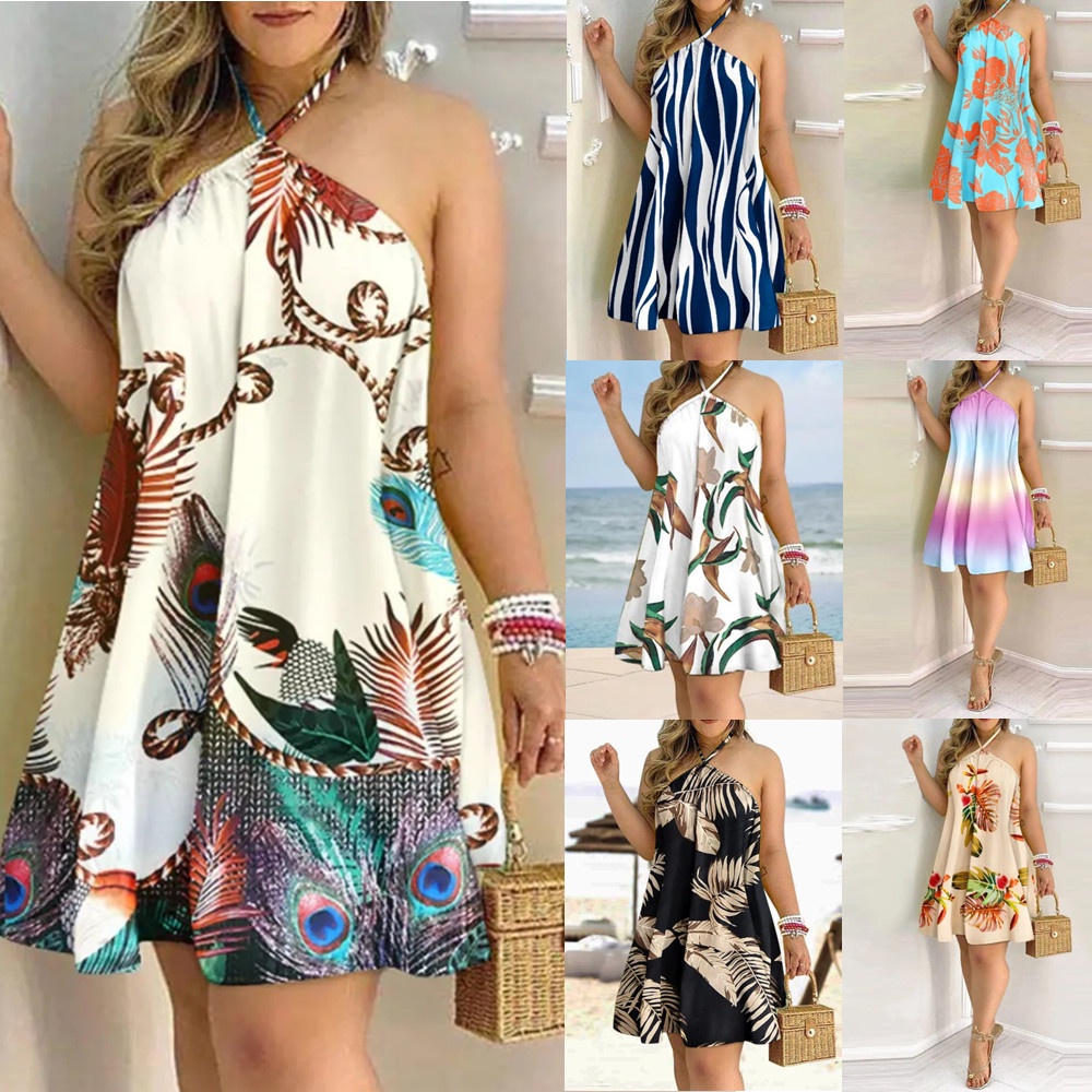 Vestido feminino de verão Boho floral sem mangas, frente única