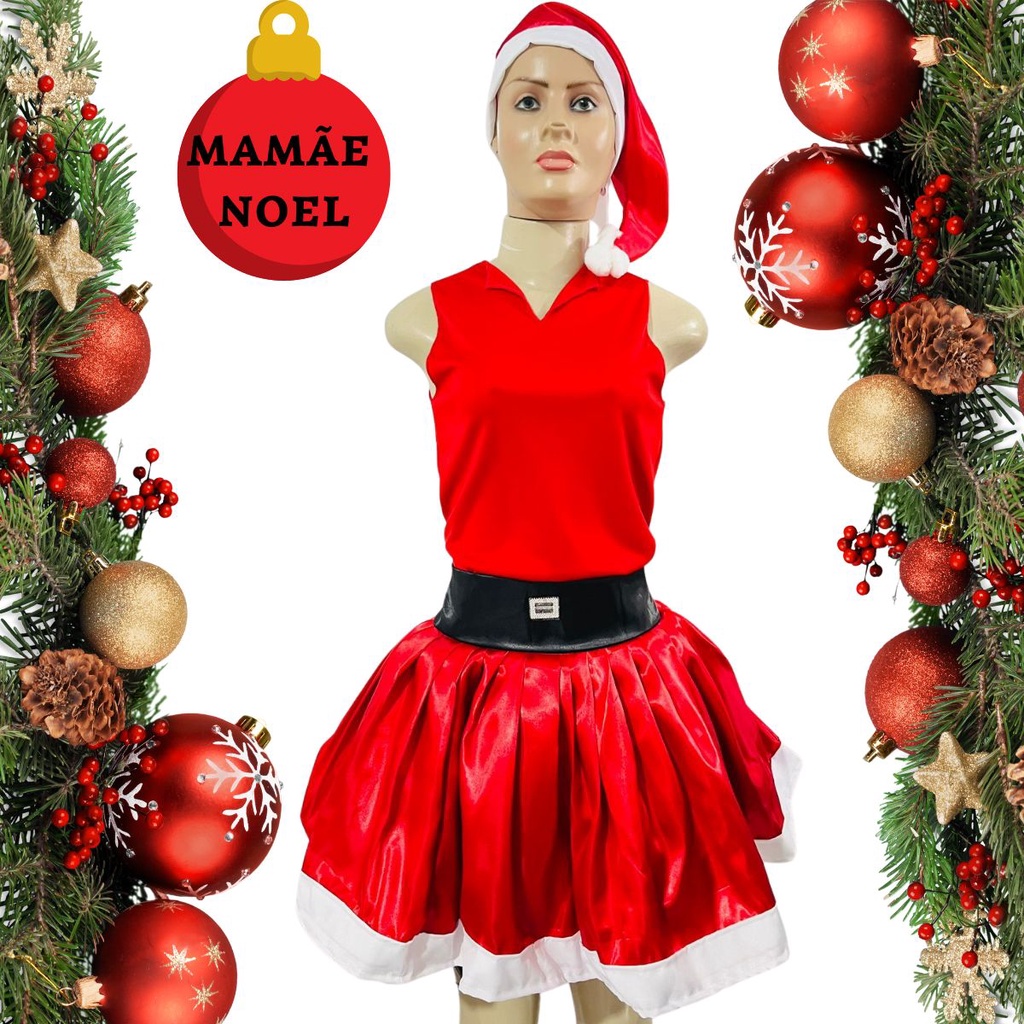 Fantasia de Mamãe Noel Vestido Feminino Roupa de Natal Gorro | Shopee Brasil