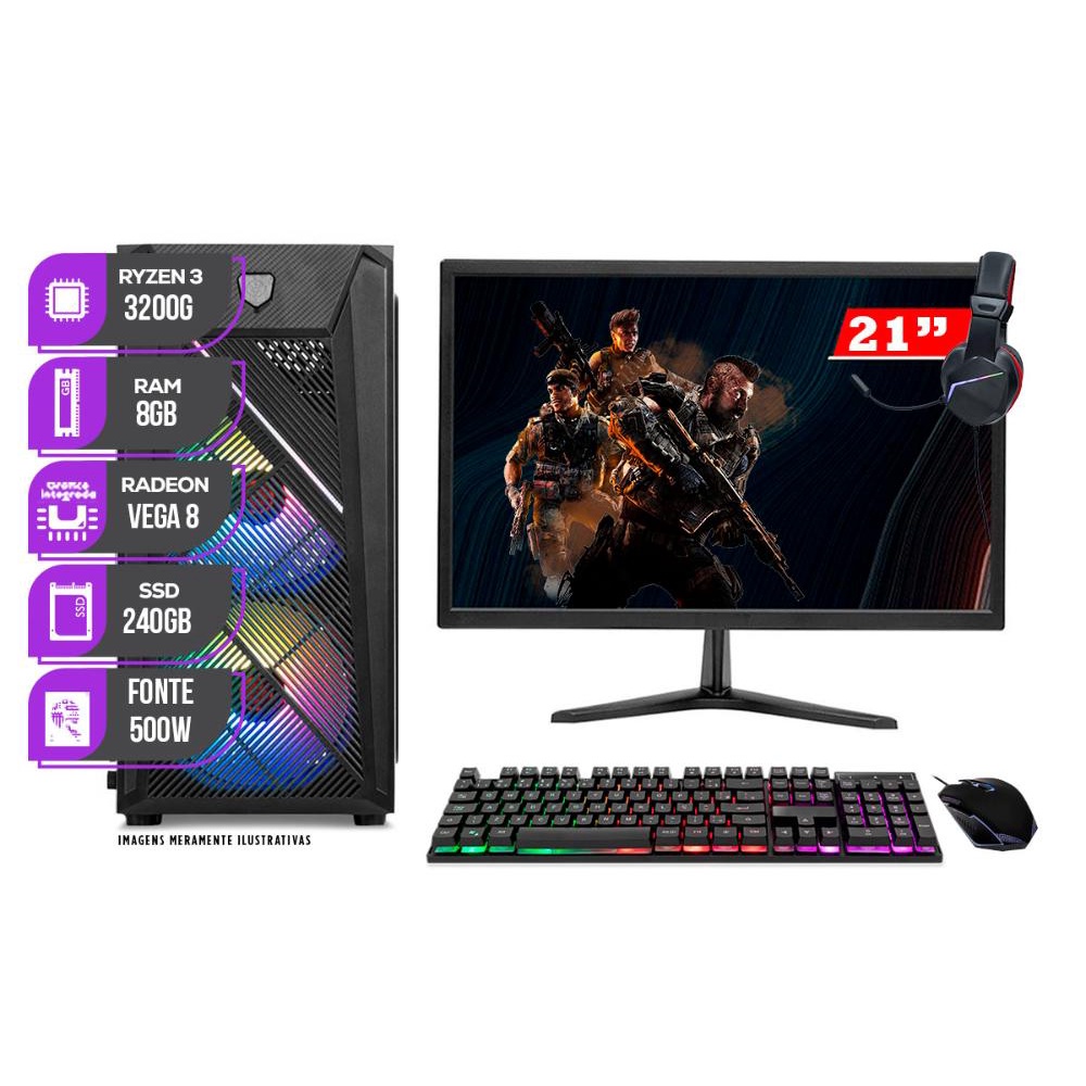 PC Gamer Completo Mancer, AMD Ryzen 5 4600G, 16GB DDR4, SSD 480GB + Monitor  21 + Cadeira Gamer