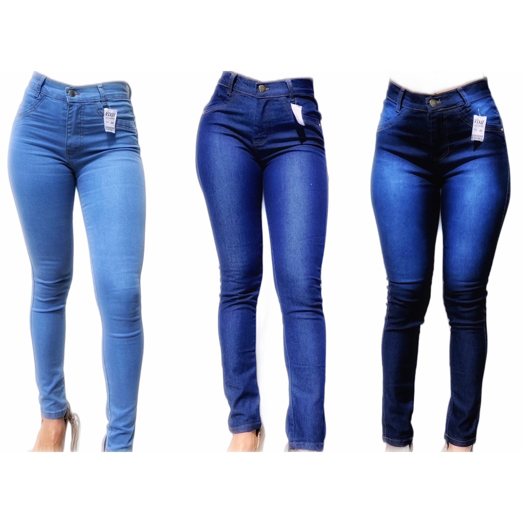 Kit 3 Calças Jeans Feminina Skinny Empina Bumbum Cintura Alta Cós Alto -  Azul