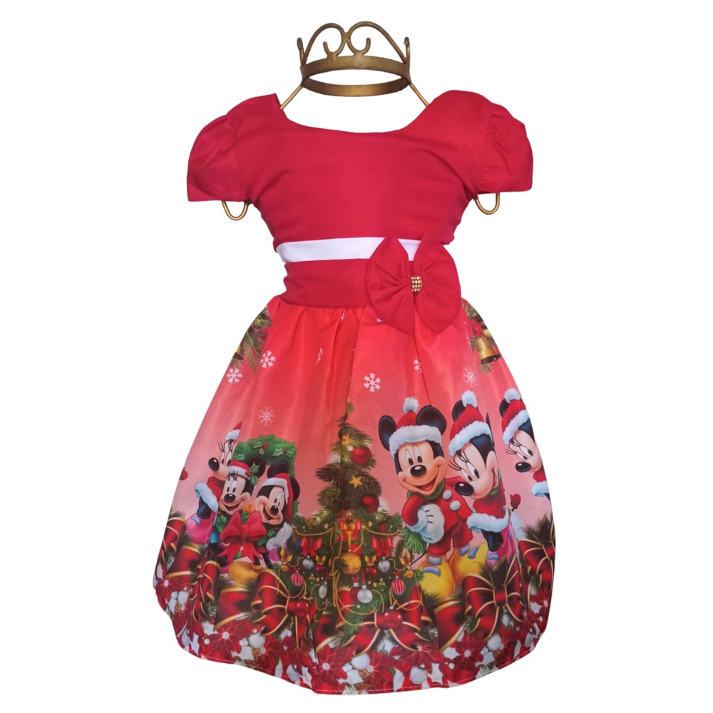 Vestido Infantil Vermelho Dourado Natal Festa Moranguinho Minnie