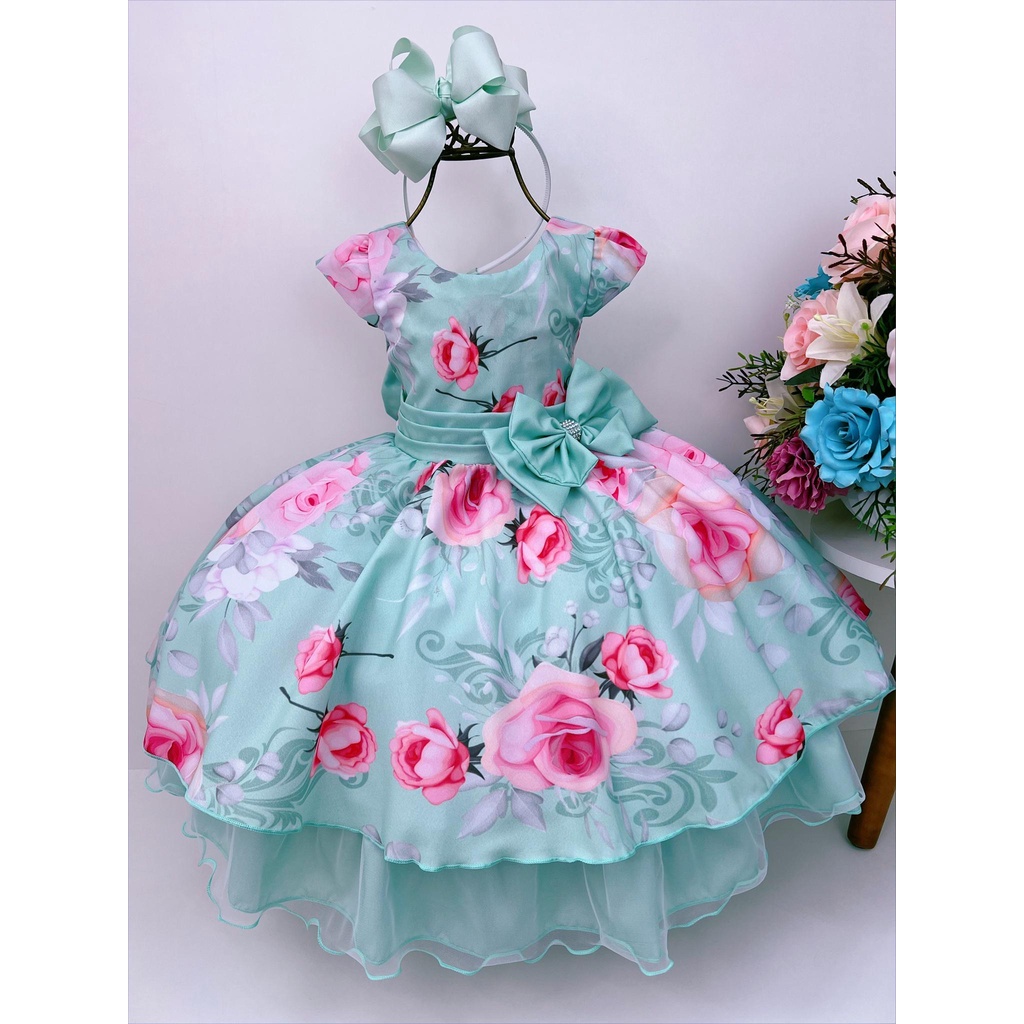 Vestido Infantil Longo Azul Bebê Strass Luxo Manga Princesa