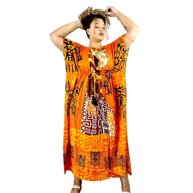 Vestido Kaftan Longa Moda Boho Estampa Africana Ajustável Linha Premium