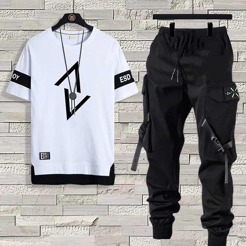 Calças De Carga Masculinas Estilo Hip Hop Joggers + Conjunto De Homens Com  Capuzes Casuais Camisetas De Manga Curta Vestuário Masculino De Verão