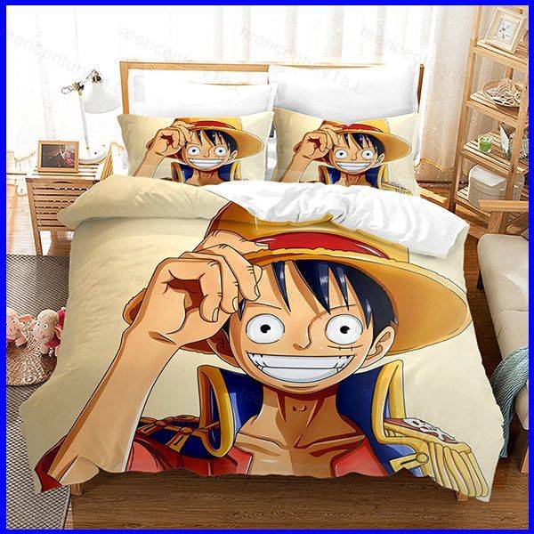 Conjunto de cama One Piece Luffy Chapéu de palha Piratas Preto Anime  Estampa 3D 3 peças Capa de edredom macia - S_AU-_Double_180x210 cm